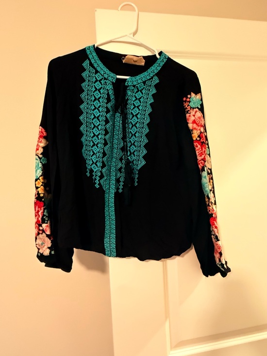Savanna Jane Tops - Savanna Jane Black Blouse with Turquoise Embroidery and Floral Sleeves